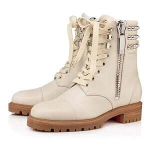 Christian Louboutin Winter Spikes Flat White Calf Leather Combat Ankle Boot 37